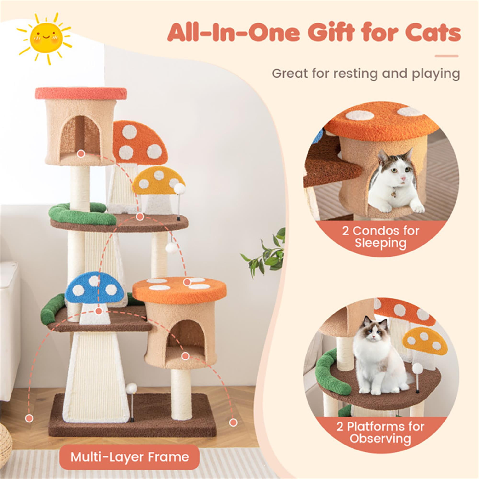 Kadyn 57" Cat Tree Tower with Sisal-Covered Scratching Post, 4-In-1 Mushroom Cat Condo with Padded Perch, for Small Spaces, Kittens, Multicolor