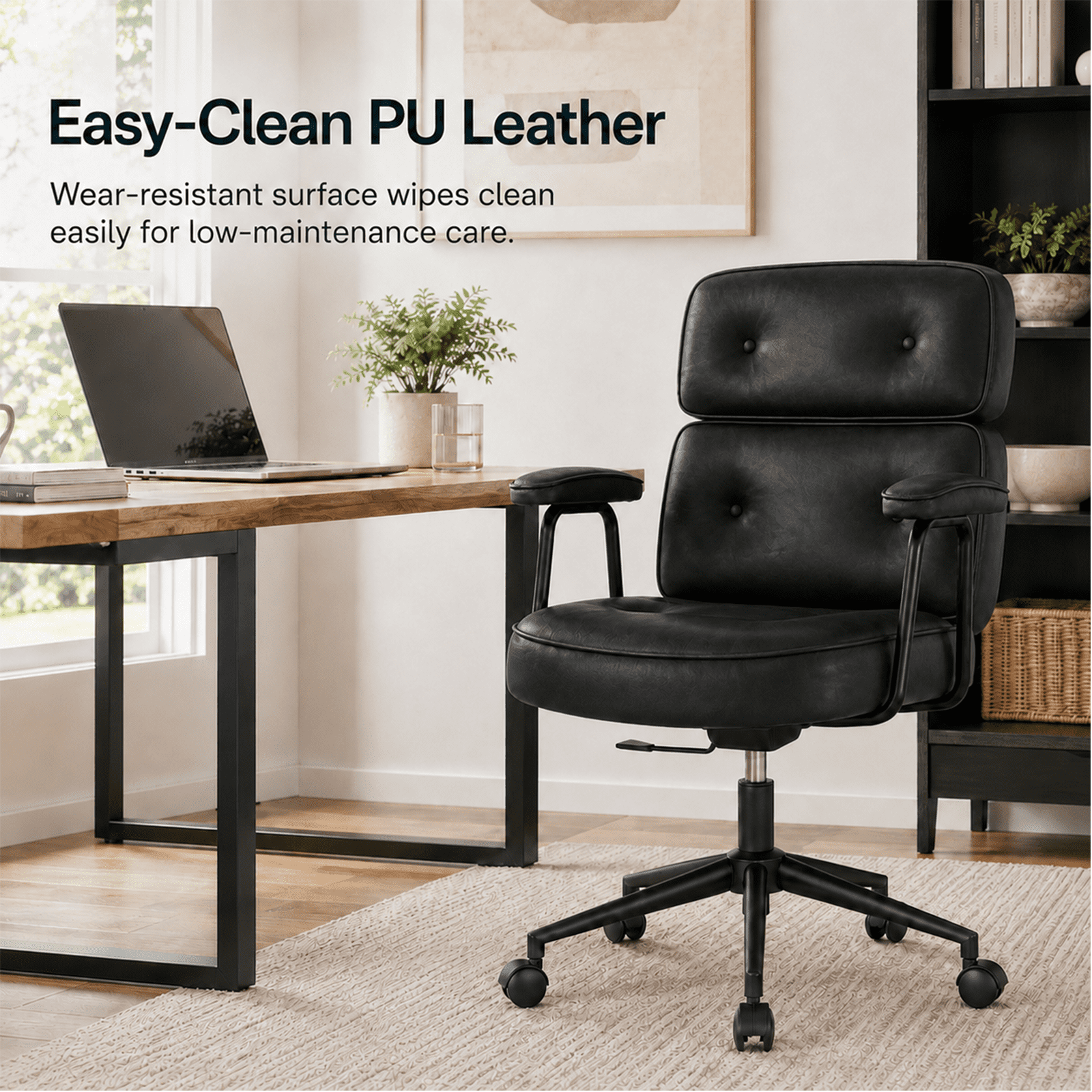 Alvantor Ergonomic Office Chair, PU Leather Computer Chair Lumbar Support, Adjustable Height, Rolling Swivel, Executive Task, Padded Armrests for Vanity, Study