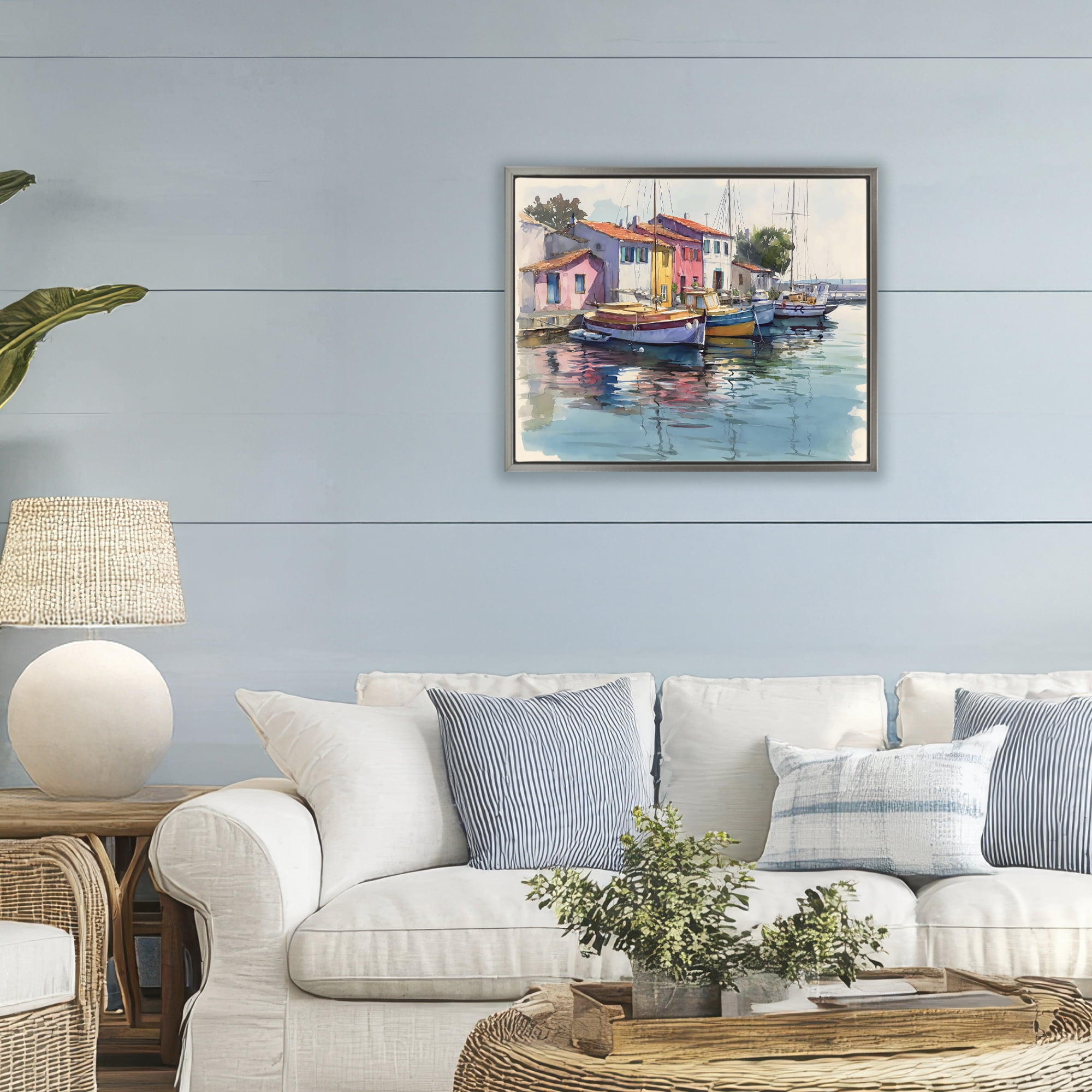 Stupell Industries Colorful Docks Harbor Gray Framed Floater Canvas Wall Art, design by Franklyn Gregory