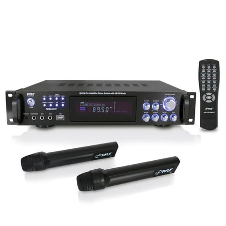 PYLE PWMA3003T - Home Amplifier Receiver & Microphone System - Hybrid Pre-Amplifier with (2) Wireless Microphones, MP3/USB/AUX/AM/FM Radio (3000 (Best Karaoke Amplifier Mixer)
