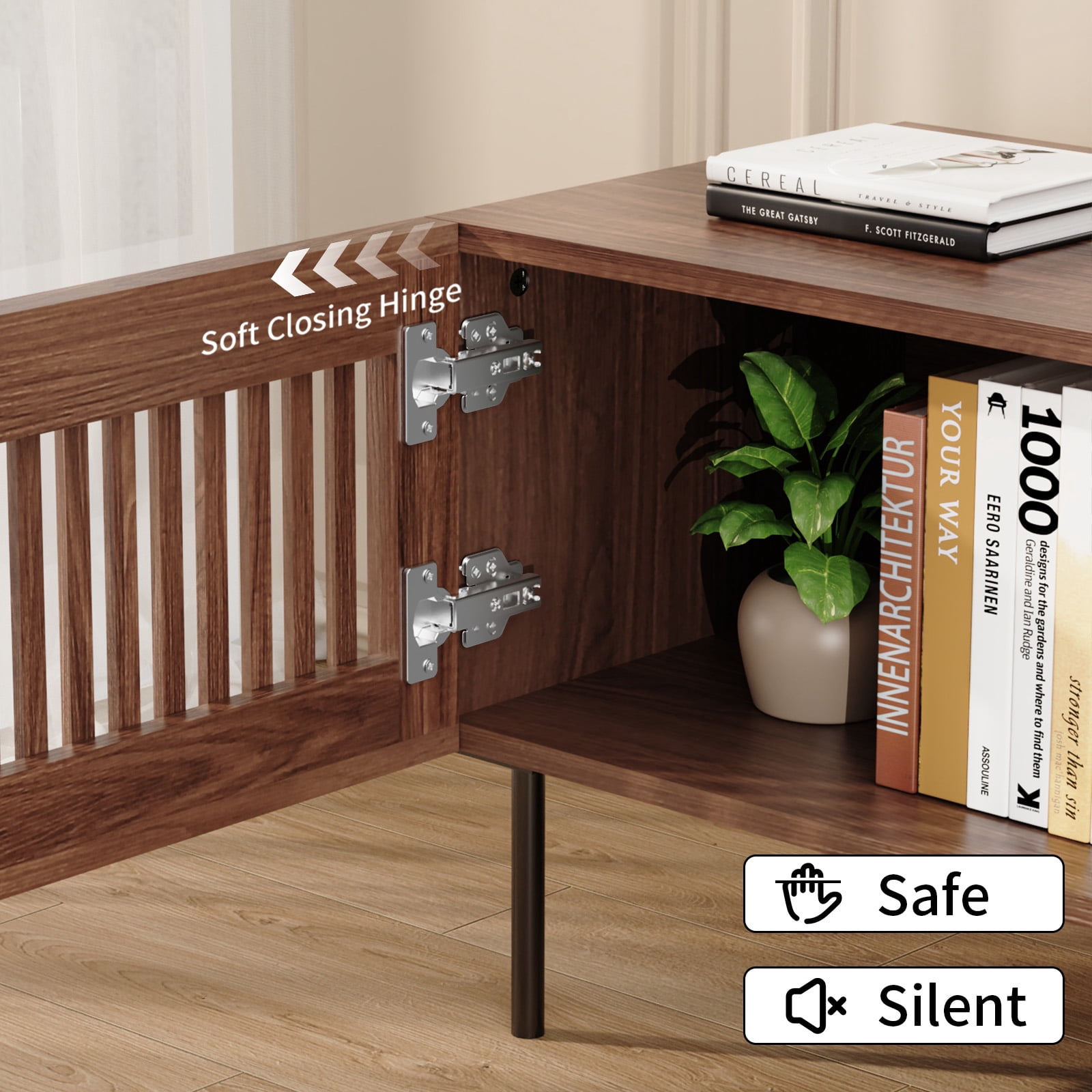 Hommpa TV Stand for 55/65/75/80 inch TV with 2 Slatted Doors, Mid Century Modern TV Console for Living Room Bedroom, Storage Cabinets Open Shelf Entertainment Center for Gaming Media Console, Walnut