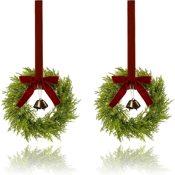Mini Christmas Cedar Wreath Set of 2, 15 Inch Small Wreaths for Kitchen Cabinets, with Deep Red Bow Vintage Bells Pine and Cypress Leaves for Fireplace Window Farmhouse Indoor Home Decorations