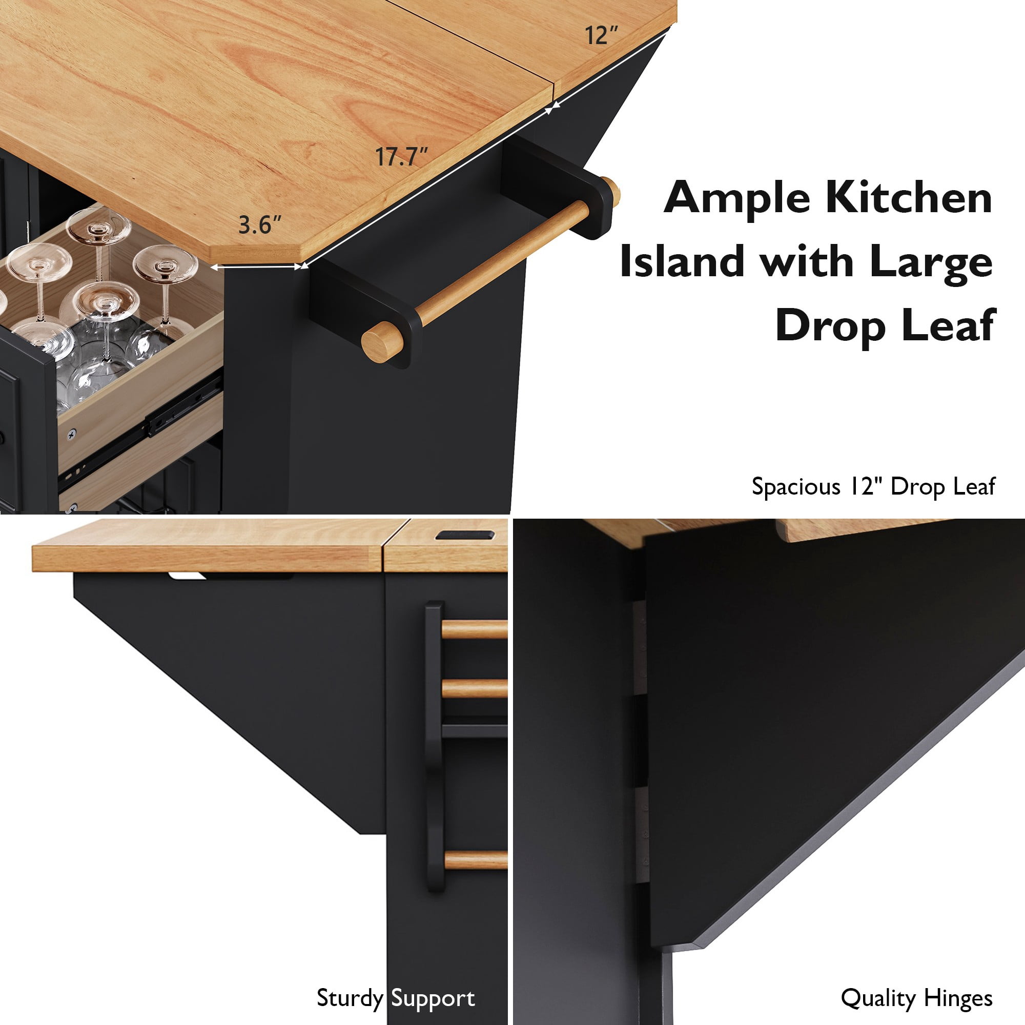 DTTRA 56" Kitchen Island with Drop Leaf & Power Outlet, Rolling Kitchen Cart on Wheels with 6 Drawers, 4-Door Shelves & Rubber Wood Top, Mobile Storage Cabinet for Kitchen & Dining Room, Black
