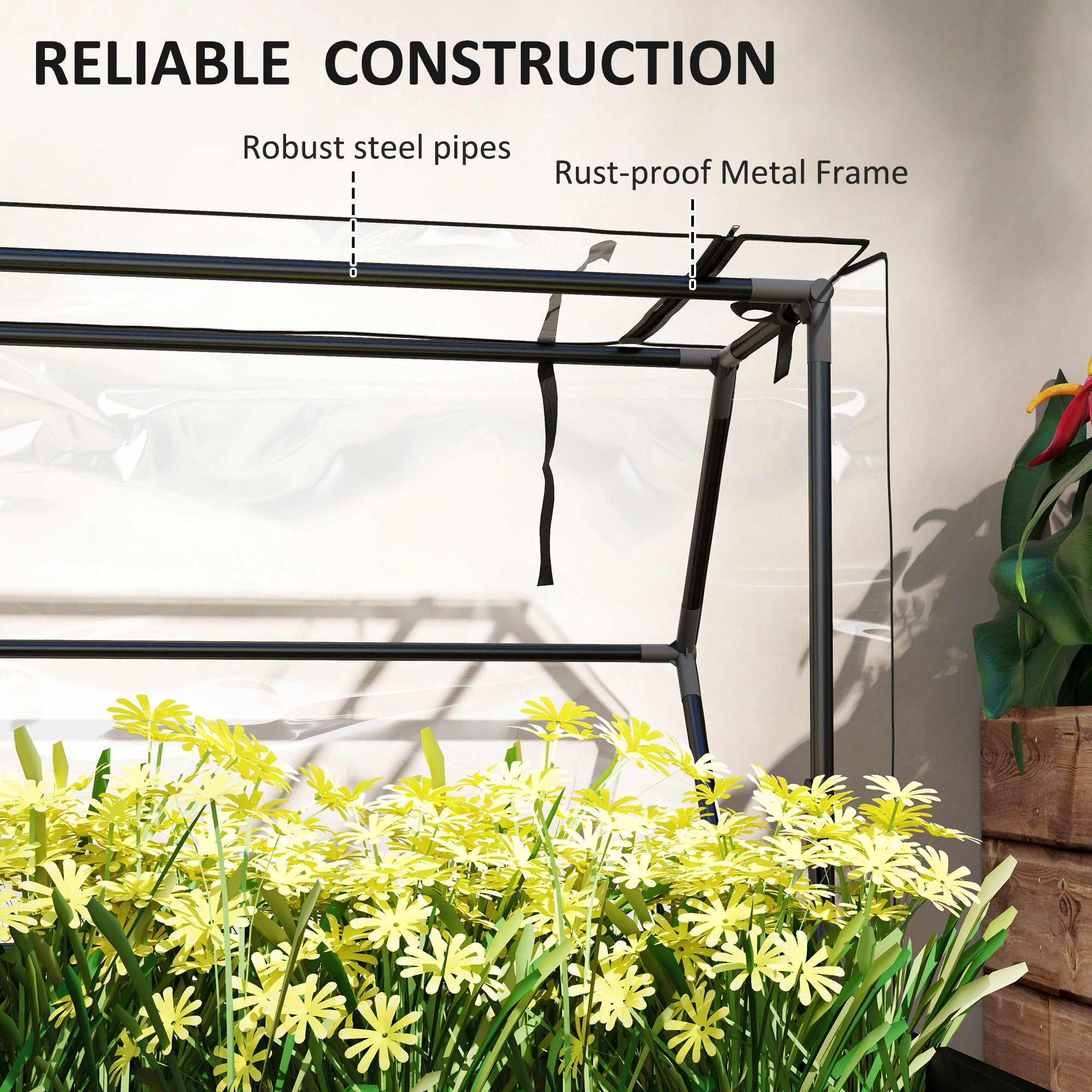 Outsunny Raised Garden Bed with Greenhouse Cover, Elevated Garden Box with Legs and Drainage Hole for Vegetables, Black