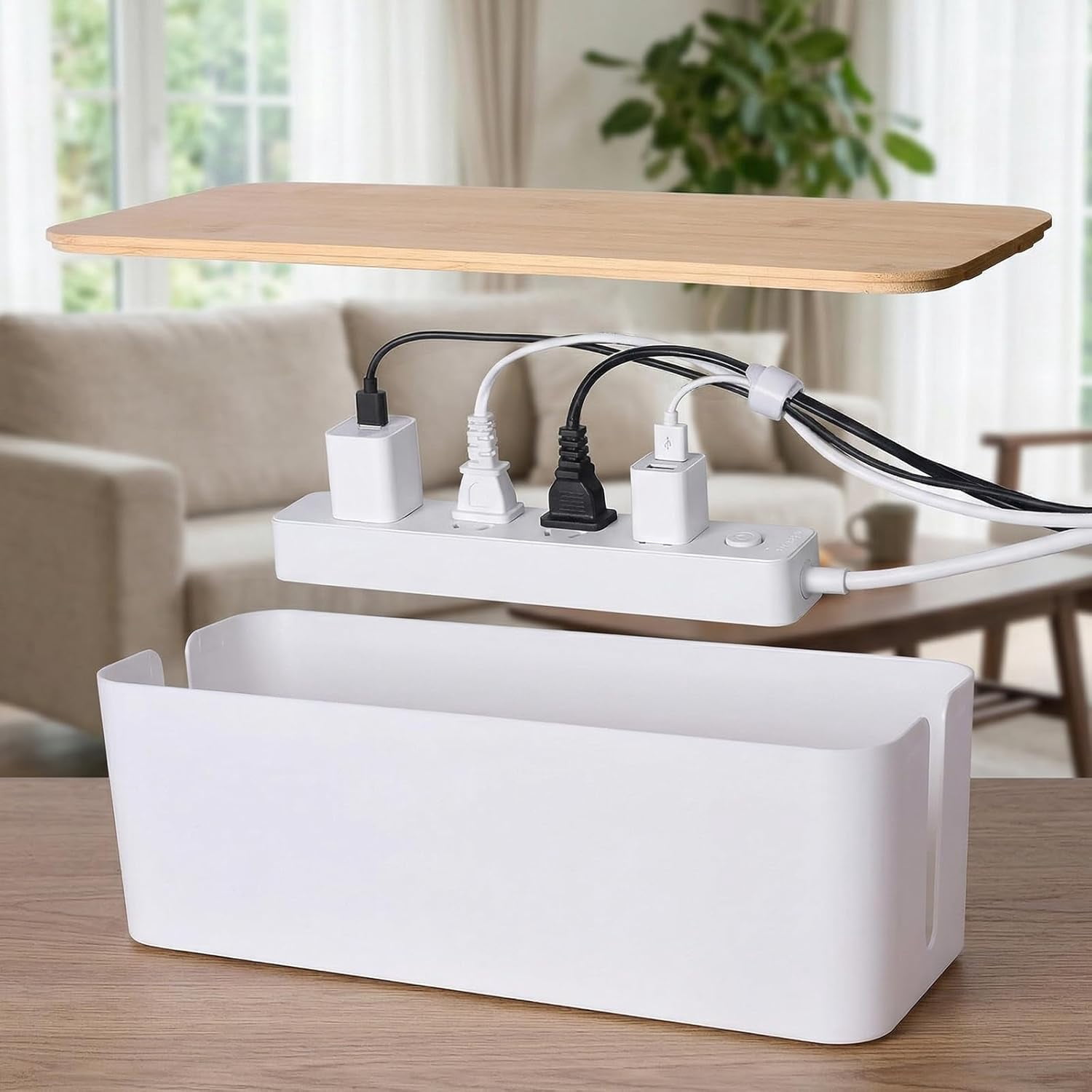 2 Pack Cable Management Box - Cord Organizer Box with Wooden Lid for TV Wires, s, Router, USB Hub & Under Desk Power: Baby & Pet Proof Cord Management, Cord Hider for Home & Office (White)