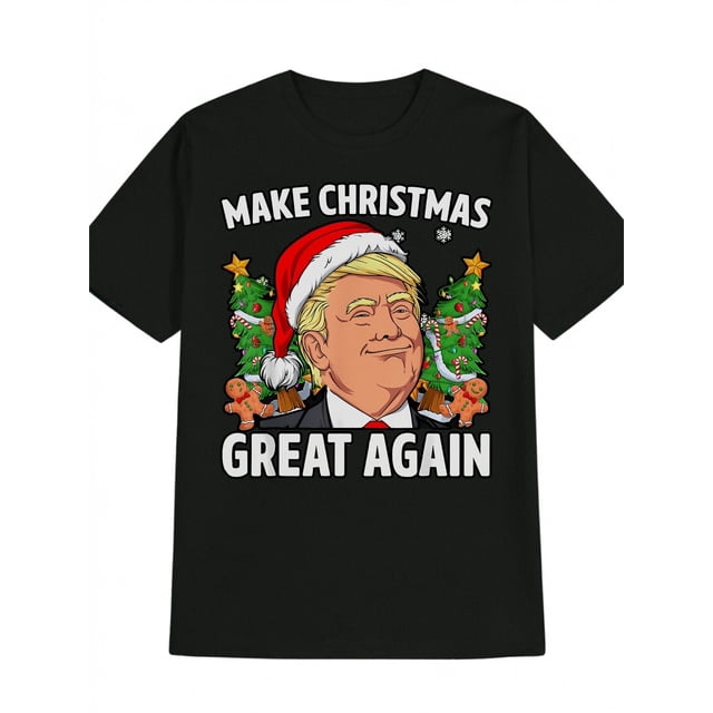 Men's "Make Christmas Great Again" Humorous Graphic Tee - Casual Black Short Sleeve T-Shirt with Santa Hat Design, Cotton, Machine Washable - Ideal Holiday Gift for Him, Christmas Shirts