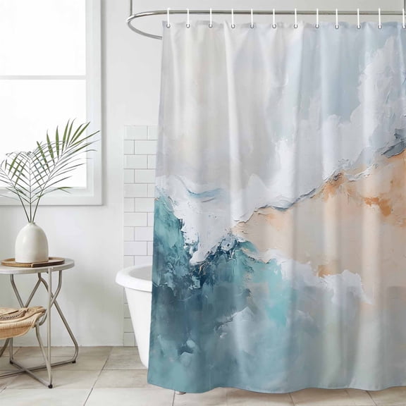 Teal Beige Waterproof Fabric Shower Curtain,Modern Oil Painting Art Coastal Waterproof Fabric Shower Curtain for Bathroom Curtains Bathtubs Hotel Washable Shower Curtains with 12 Hooks Standard 66x72