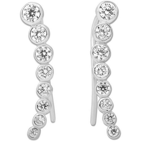 Beaux Bijoux Sterling Silver Bezel-set CZ Curved Ear Crawler Cuff Earrings (Multiple colors available)