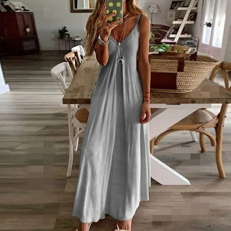

ELFINDEA Womens Tops Casual Sleeveless Camisole V-neck Print Maxi Tank Long Dress Gray M