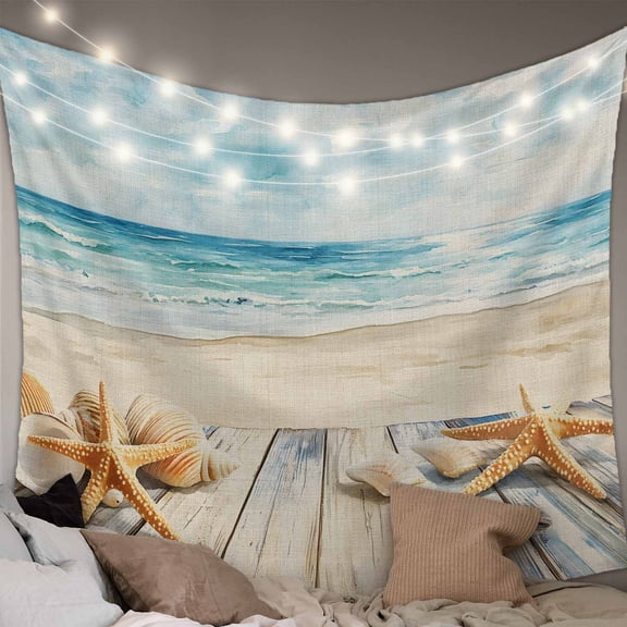 Beach Coastal Large Tapestry for Bedroom Wall Hanging Tapestry, Watercolor Ocean Waves Starfish Summer Ceiling Backdrop Tapestries Poster Blanket Wall Decor for Teens Room Living Room Dorm 100" x 59"