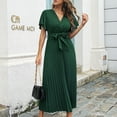 thumbnail image 4 of SWSMCLT Women's Summer Swing Elegant Long Dress V-Neck Wrap Sundress Fit & Flare Fashion Spring Short Sleeve Pleated Dresses Green Medium, 4 of 4