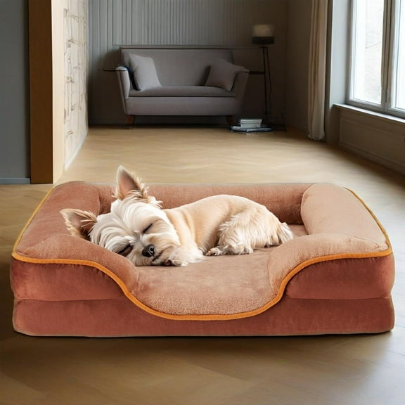 GIANNA Dog Bed for Small Size Dogs with Non-Slip Base, Orthopedic Pet Sofa with Washable Removable Cover, Brown, 24" L x 18" W x 6" Th