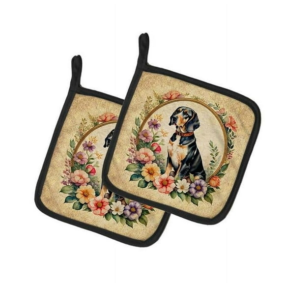 0.3 x 7.5 x 7.5 in. American English Coonhound & Flowers Pot Holders, Set of 2