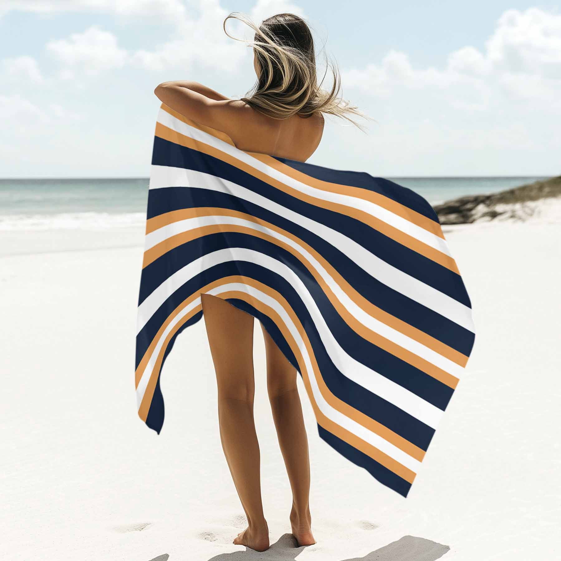 Beach Towel Navy Blue Stripes Bath Pool Towels Orange Striped Absorbent Beach Towel Soft Large Quick Dry Lightweight Camping Travel Sports Yoga Gym Swim Towels for Adult 30x60 Inch