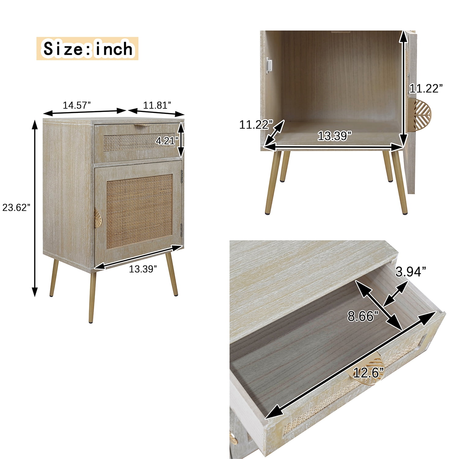Kadyn Modern Wooden Nightstand with Rattan Panel, Storage Bedside Table with One Drawer and One Cabinet, End Table for Home and Office, Natural