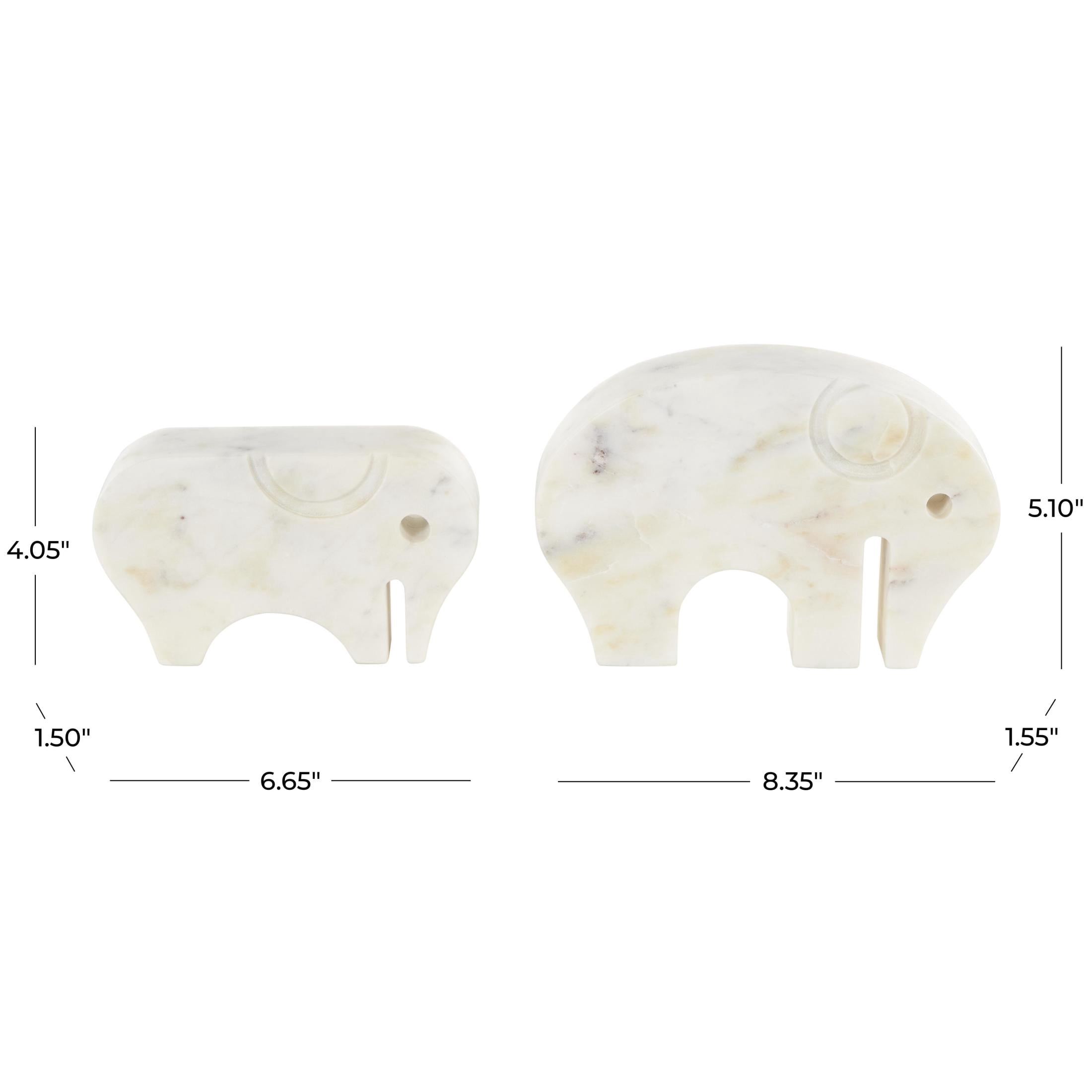 8", 7"W White Marble Rounded Abstract Elephant Sculpture with Gray Marble Veins and Cutouts, by DecMode (2 Count)