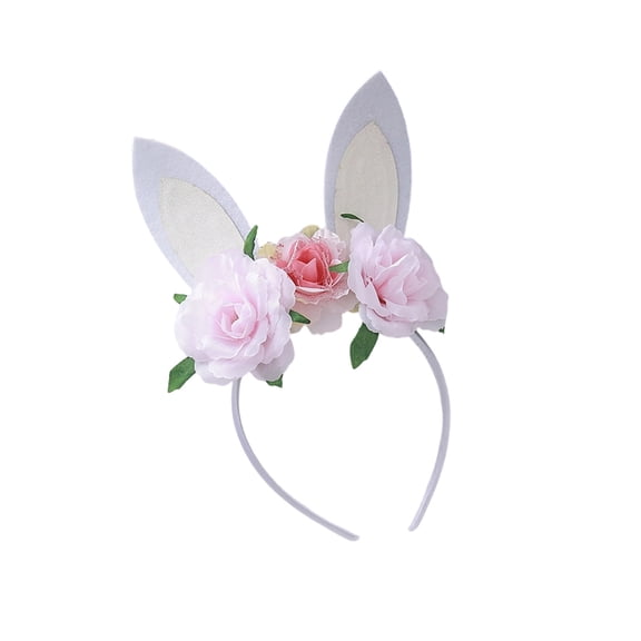 White Bunny Ears Headband with Flower Floral Hairband Headpiece Easter Party Costume Accessory Cute Animal Ears Hair Band for Themed Events Cosplay Photo Props Festival Celebration