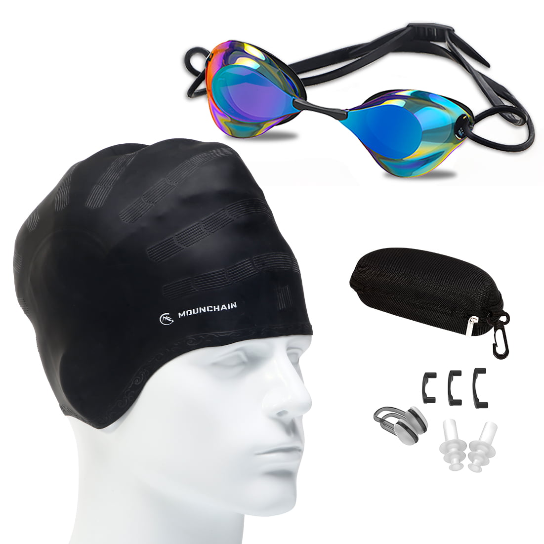 Anti Fog Adult Swimming Goggles Silicone Swim Cap Hat Ear Plugs Nose Clip Set 