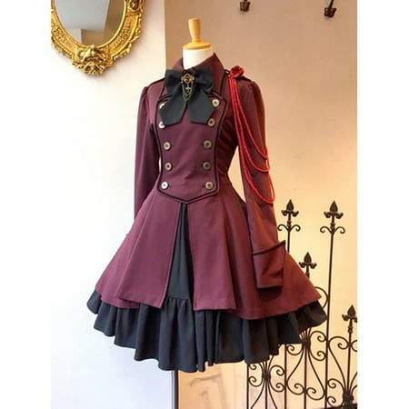 

Women Lolita Gothic Dress Vintage with Corset Bow Ruffle Steampunk Dress Long Sleeve Princess Renaissance Dress Cosplay