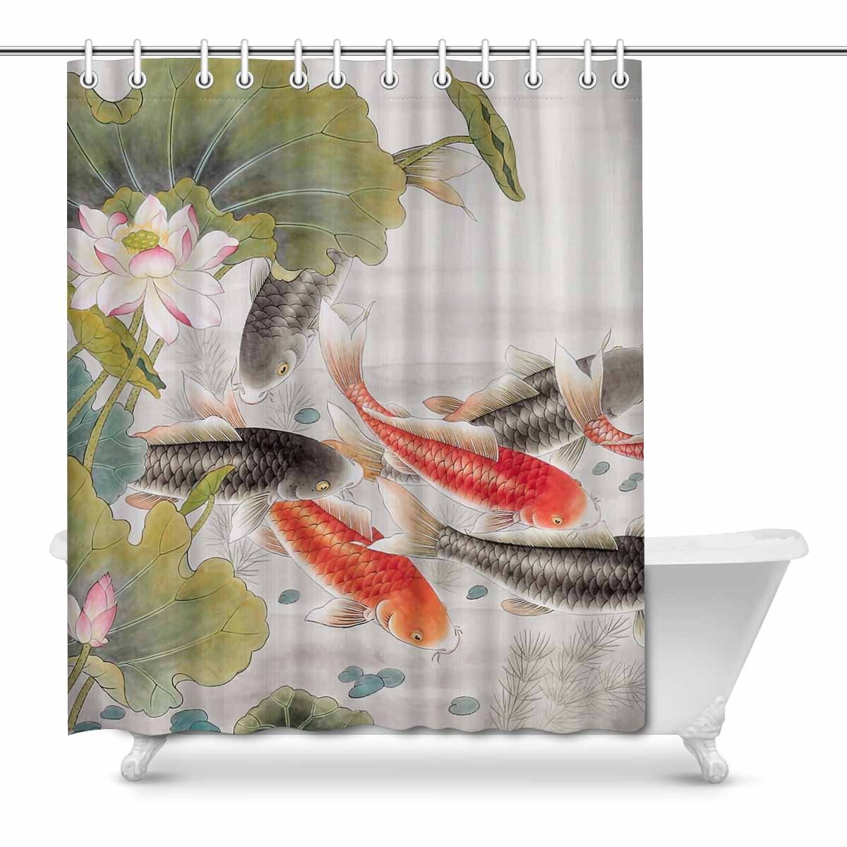 Waterproof Fabric & Hooks Shower Curtain Swimming Goldfish Bath Accessory Sets 