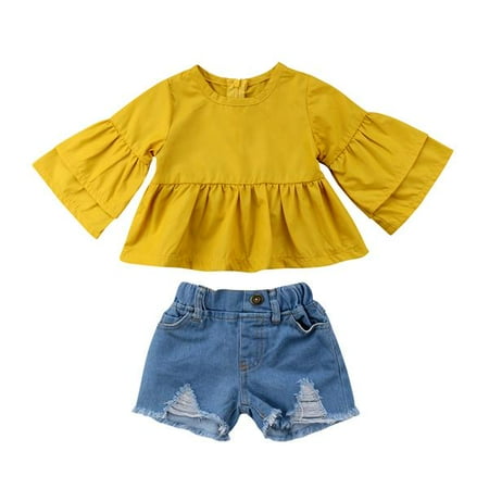 - Newborn Infant Baby Girl Ruffle Sleeve Shirt Top+Ripped Shorts 2Pcs Outfit