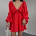 thumbnail image 3 of Vestido Vestido corto informal para mujer, cuello en V profundo, traje diario de cintura alta para mujer (rojo L) Cgtredaw Rojo T L para Mujer, 3 of 6