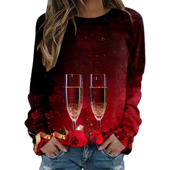 Womens Valentines Day Print Crewneck Fit Pullover Tops Long Sleeve Workout Shirts Loose Blouse