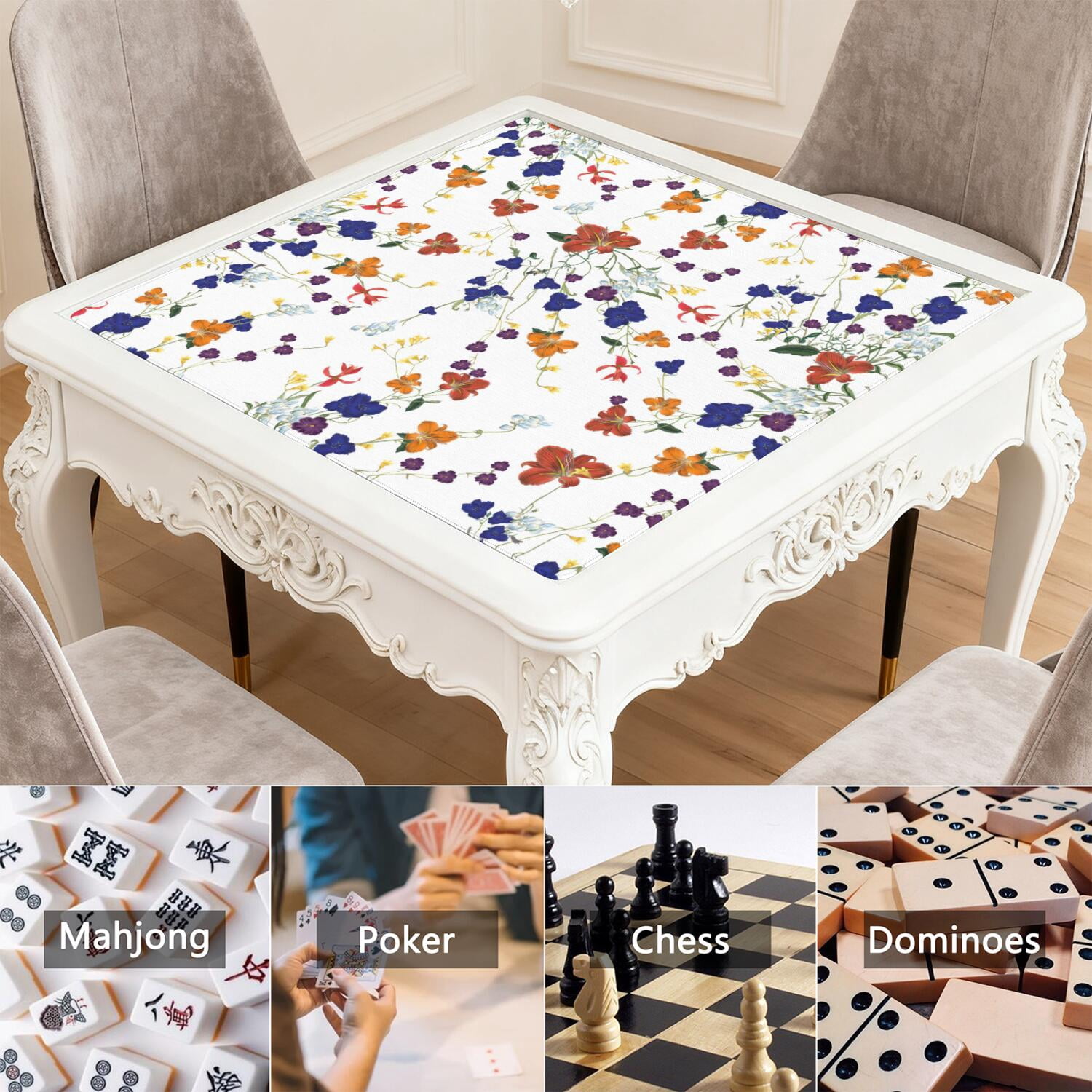 Classic Floral Style Mahjong Mat 31.5 Inch Square Rubber Table Pad Anti-Slip Feature Reduces Tile Noise for Family Game Night and Card Games