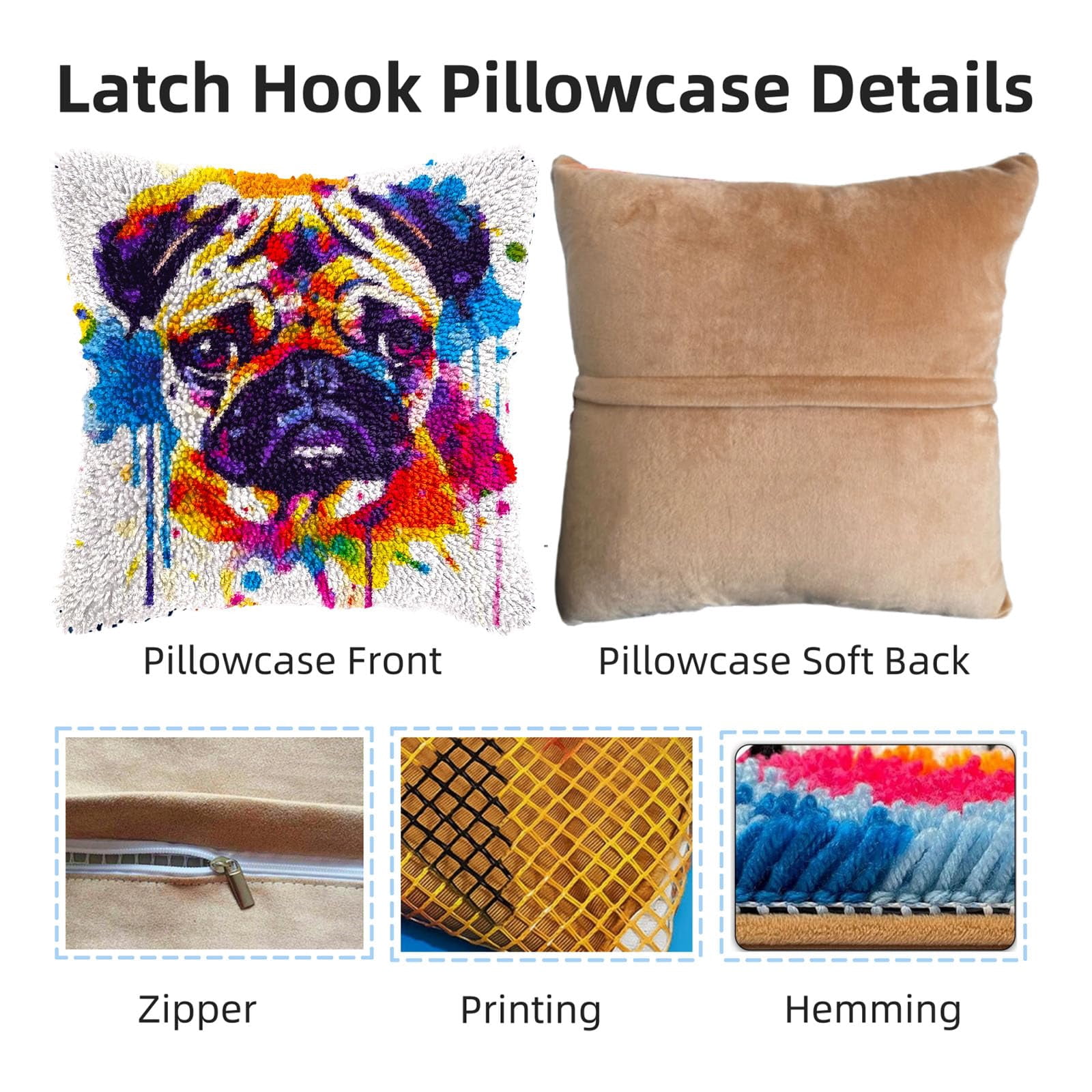 Watercolor Cute Pug Dog DIY Latch Hook Pillow Kits for Adults Printed Pillowcase Crochet Yarns Hooking Handmade Pillow Cover Cushion for Home Sofa Decoration 17x17inch(1)