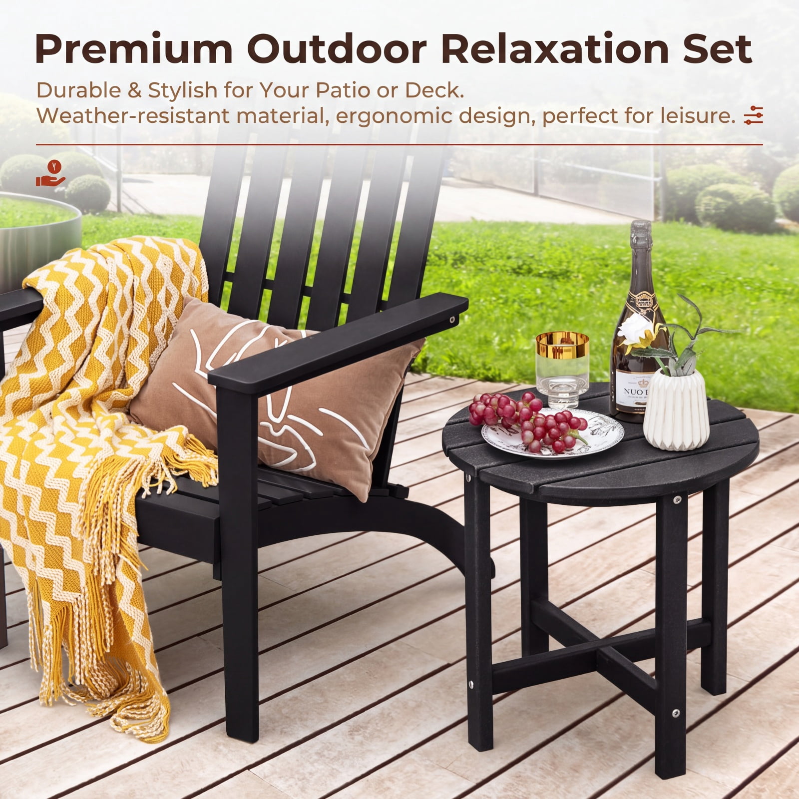 Furnibear Set of 2 18 Inch Round Weather Resistant Adirondack Side Tables with Slatted Top and HDPE Build for Patio Poolside and Garden, Black