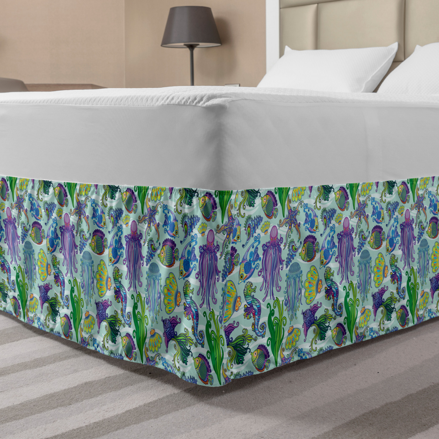Underwater Bed Skirt, Modern Sea Life Colorful Jellyfish Seahorse Exotic Aquarium, Elastic