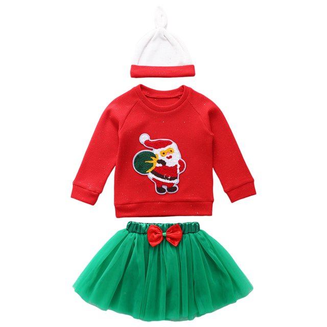 Xingqing 3 Pcs Jupe en Fil Vert pour Bébé Fille Motif Appliqué Rouge de Noël Col Rond