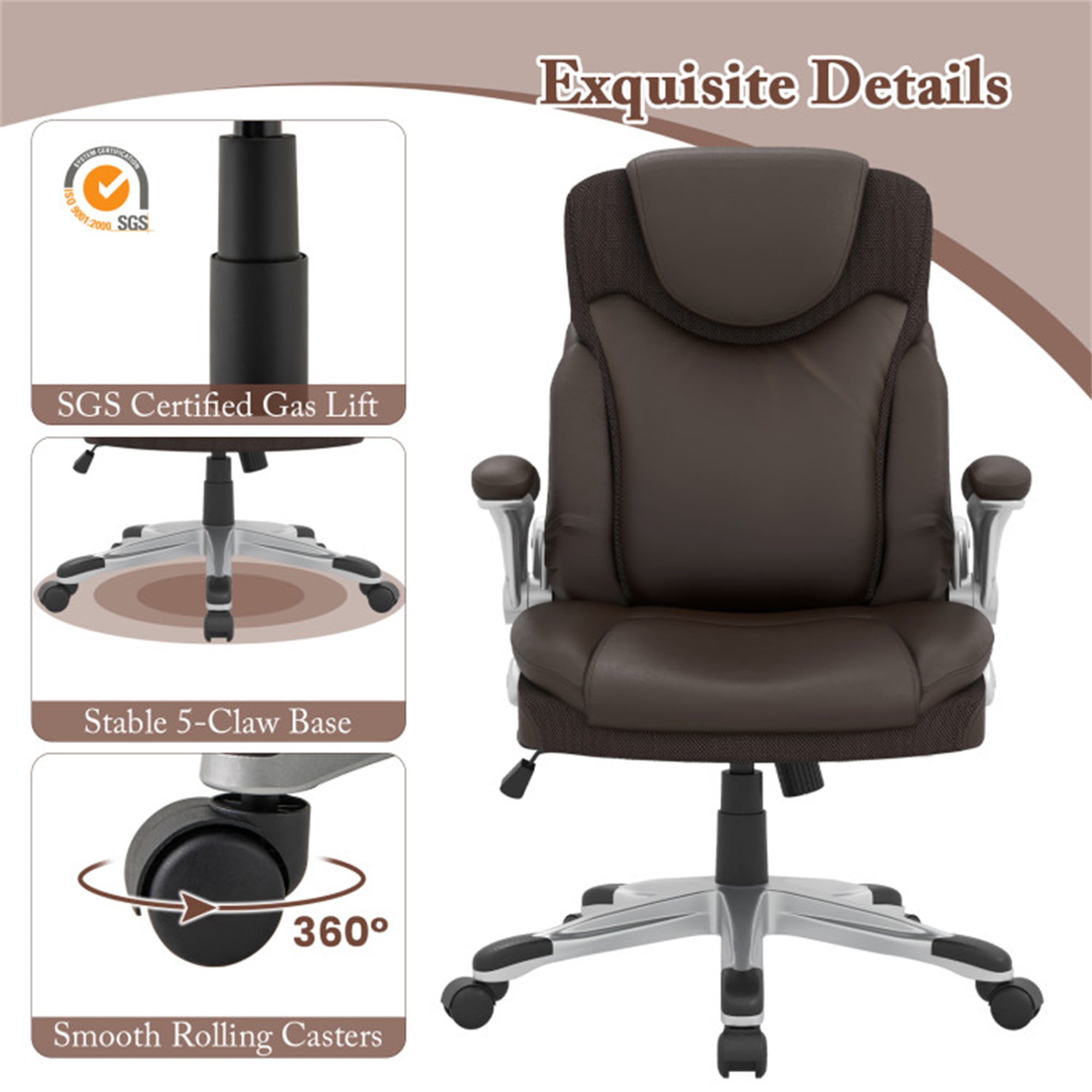 Demi Bonn Ergonomic Office PU Leather Executive Chair with Flip-up Armrests and Rocking Function, for Home, Bedroom, Study, Brown