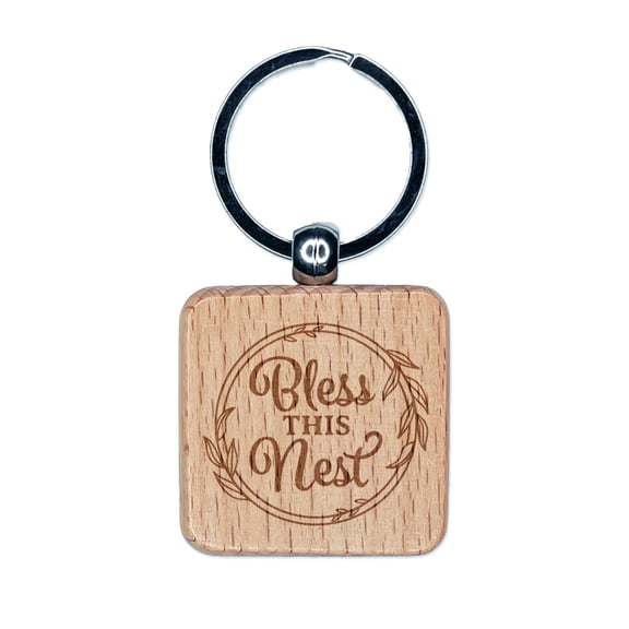Bless This Nest Leaf Frame Detail Square Keychain Charm Tag - Engraved Wood