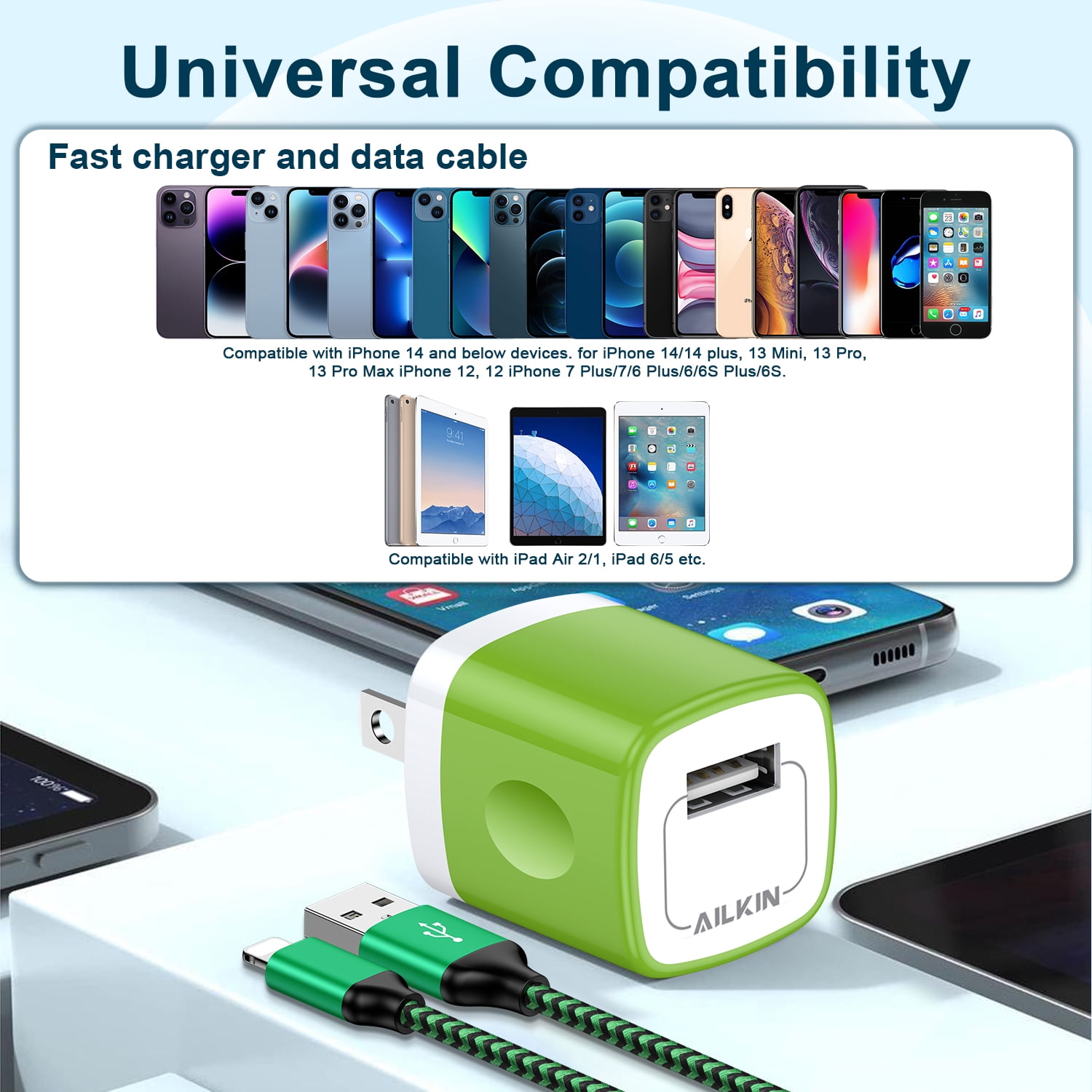Compatible with iPhone Charger Fast Charging AILKIN 2Pack Charger Block with 6ft Cord Charging Block Plug Power USB Wall Charger Adapter Compatible with iPhone 14/13/12/11,Purple+Green