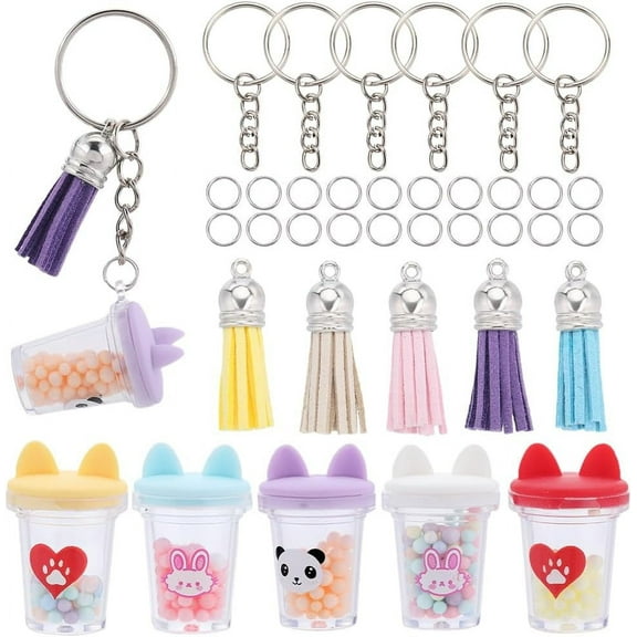 50PCs 10Sets Milk Tea Suede Tassels Large Cat Charm Keychain Making Kit Resin Tea Key Chain Split Rings for Purse Decoration Colorful DIY