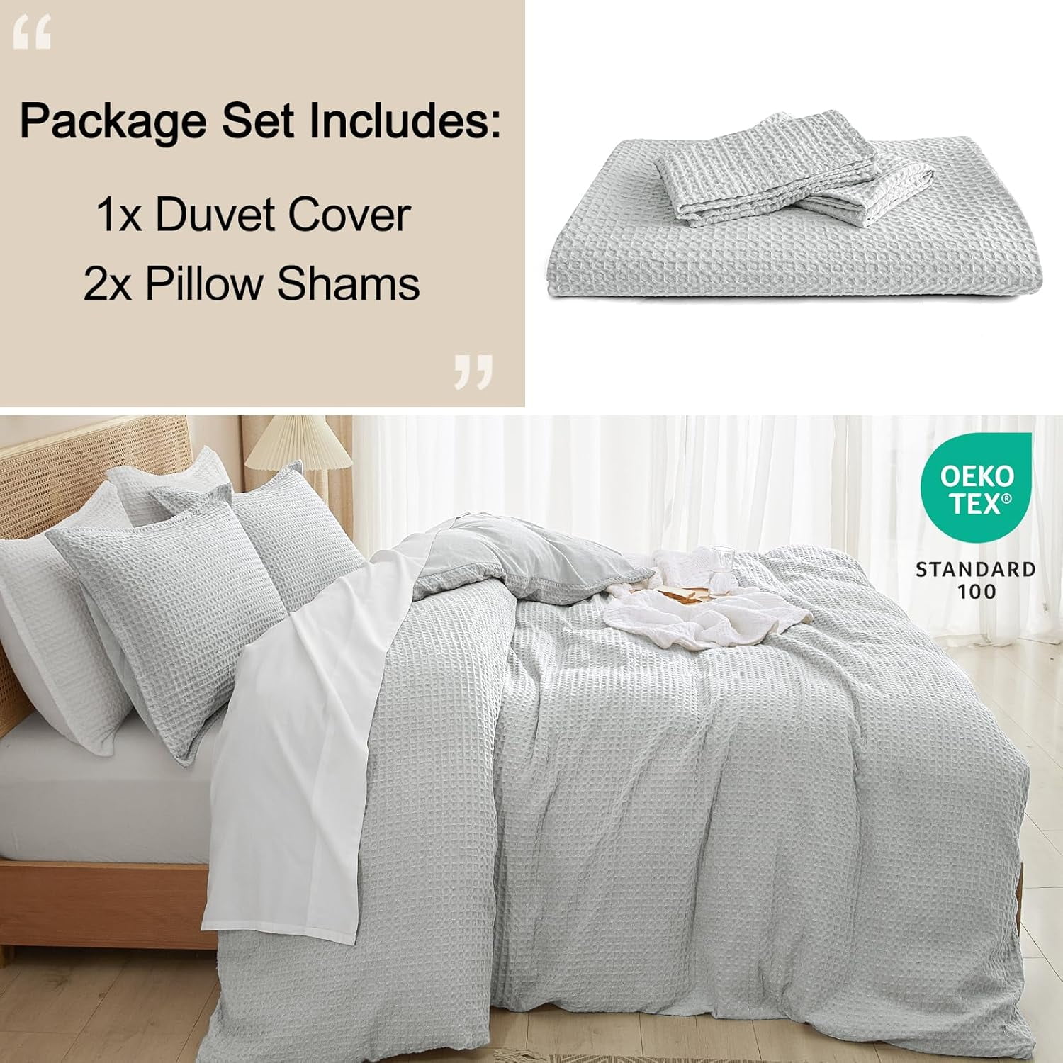 PHF Waffle Duvet Cover Set Queen Size, 3 Pieces Soft Breathable Bedding Comforter Cover for All Seasons, Waffle Textured Duvet Cover with 2 Pillow Shams Bedding Collection, 90"x90", Light Grey