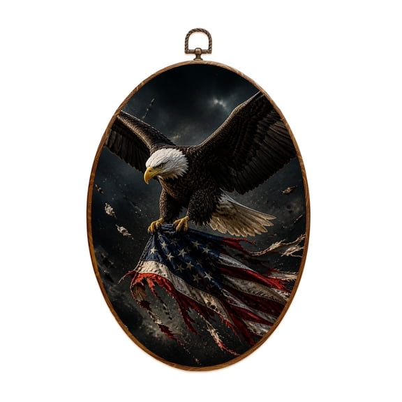Canvas Wall Art Bald Eagle American flag Oval Framed Canvas Prints Vintage Wall Hanging Decor for Home Decorations 8.6"x11.4"