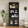 thumbnail image 2 of Harper & Bright Designs Tall Wood Bookshelf, Bookcases with 2 Glass Doors and Drawers, Storage Bookcase with LED Lighting and Open Shelves, Black, 2 of 15