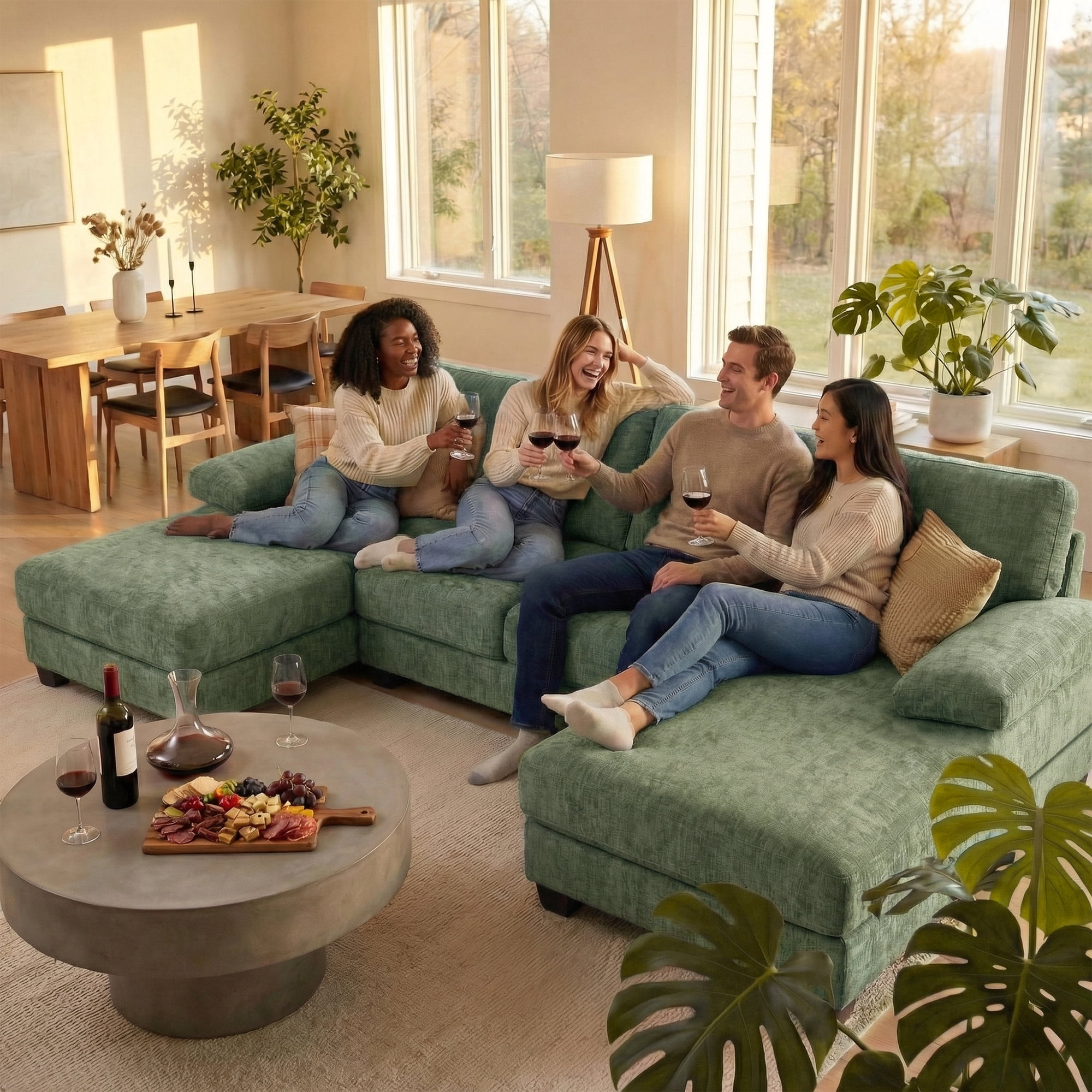 Vineego U-Shaped Sectional Sofa with Double Chaise 4-Seat Modular Sofa Couch for Living Room,Chenille Green