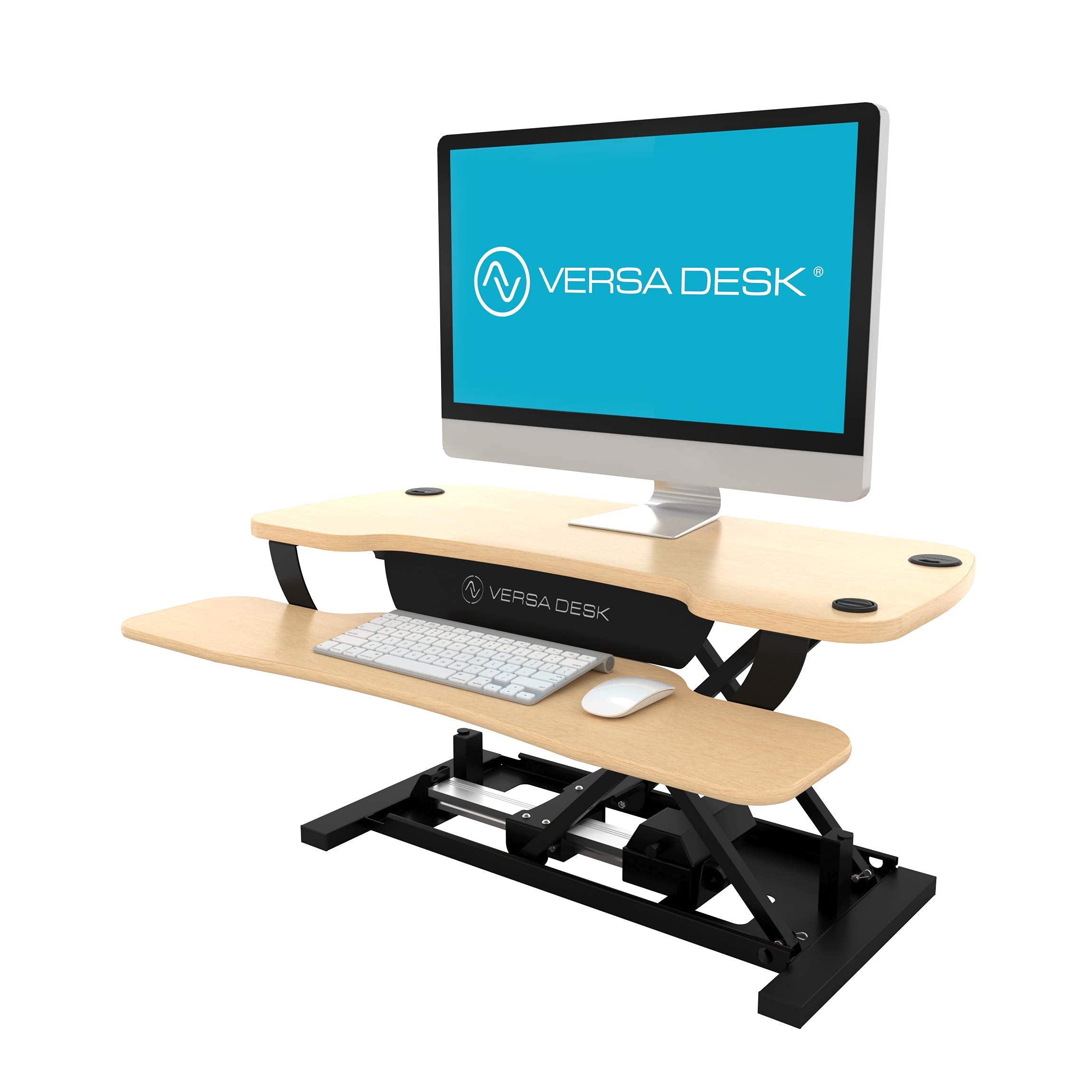 VERSADESK® PowerPro™ 36” Electric Standing Desk Converter - Wood & Steel Sit-to-Stand Riser w/ Keyboard Tray & USB Hub, | Maple, 36”x24”