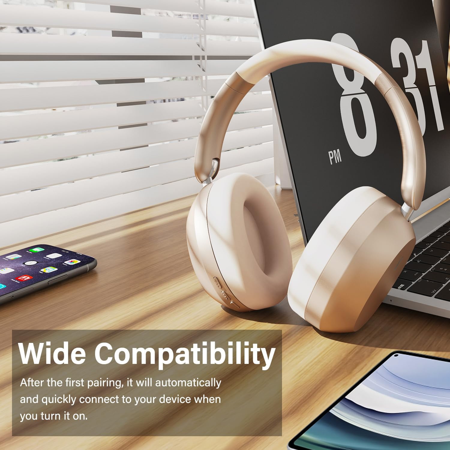 Mahipey Y05 Bluetooth Headphones Wireless Over Ear with Microphone,48 Hours Playtime,High Sound Quality,Foldable Soft Earpads Earphones for Travel/Commute/Workouts Gold
