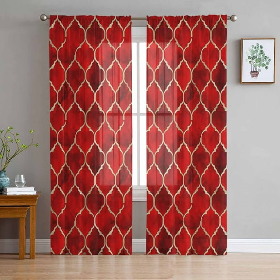 Red Geometric Sheer Curtains 72 Inches Long 2 Panels Set, Window Sheer Curtains for Living Room/Bedroom, Modern Morocco Abstract Art Light Filtering Rod Pocket Curtain 52'' x 72'' x 2