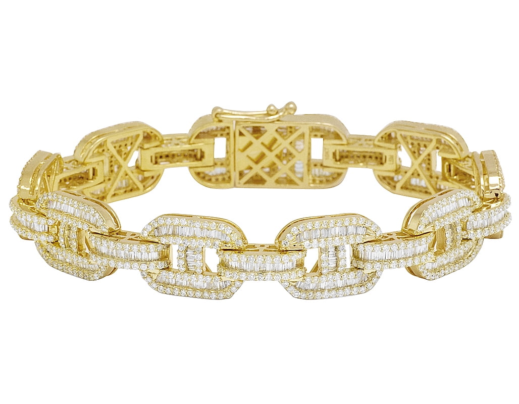 Men's 10K Yellow Gold 9CT Real Diamond Baguette 12.5MM GG Link Bracelet ...