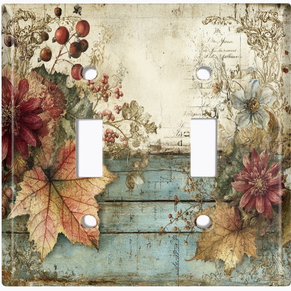 Metal Light Switch Wall Plate Outlet Cover (Printed Image of Rustic Wood and Foliage - Double Toggle)