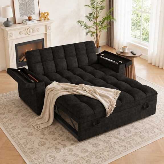 DEALTOPS 65" Chenille 3-in-1 Pull Out Sleeper Sofa Bed, Loveseat Couch with Tray Table & USB, Black