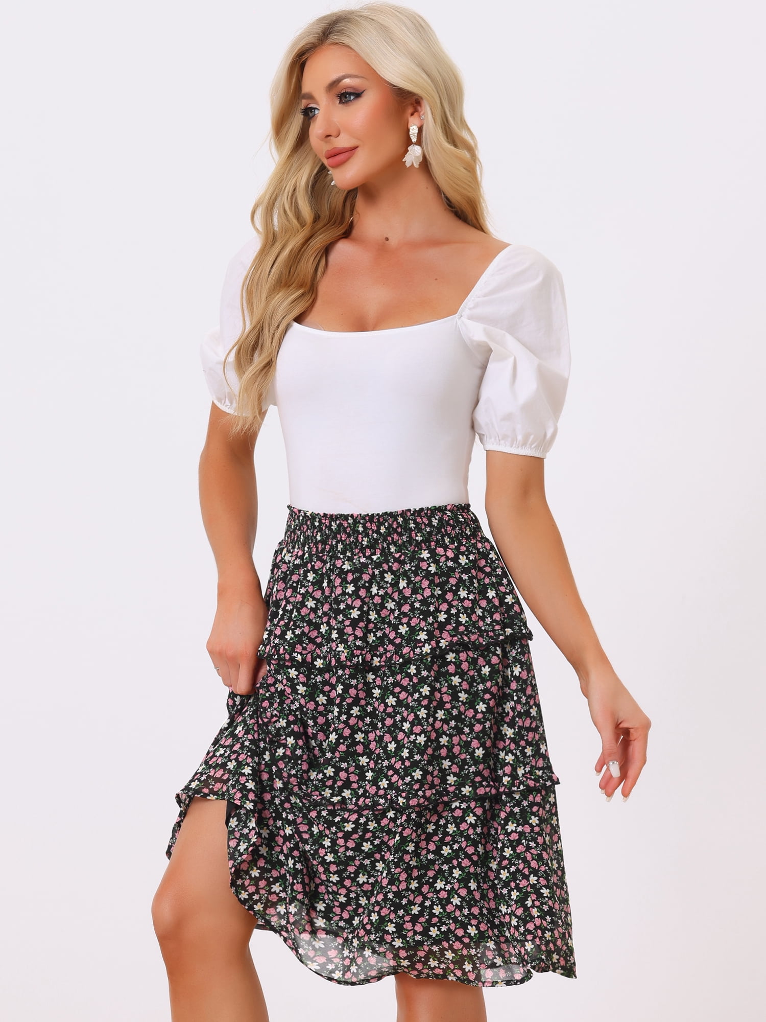 DARING DIVA Women's Floral Chiffon Layer Ruffle Hem Midi Skirt L Black1