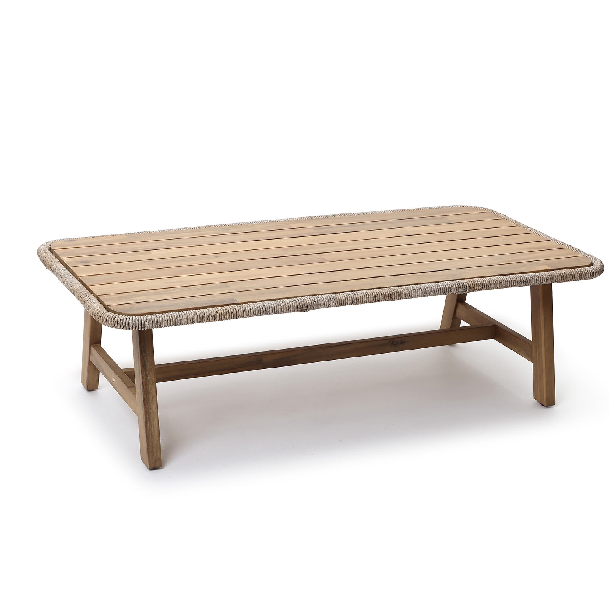 LuxenHome Outdoor Acacia Wood Coffee Table with Woven Wicker Edge, Patio Furniture Accent