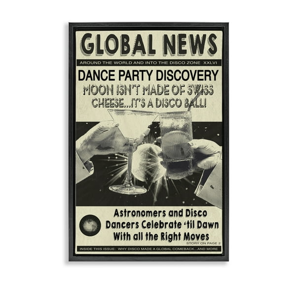 Stupell Industries Vintage Disco News Article Entertainment Painting Black Floater Framed Canvas Art Print Wall Art, 17 x 25