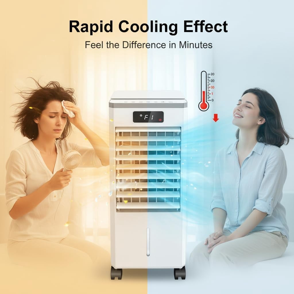 7L Evaporative Air Cooler, 3-in-1 Portable Swamp Cooler with Remote Control & 1.84 gal Water Tank, 3 Speeds, Auto Swing Louvers, 12H Timer & Ice Packs for Bedroom Office – 120V